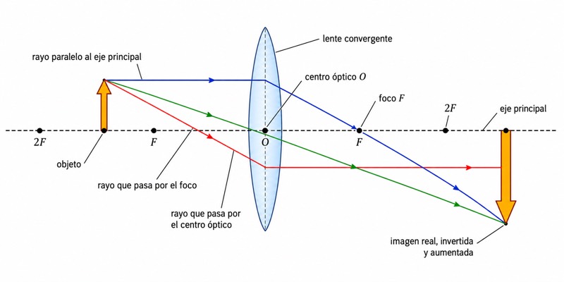 Diagrama de rayos de la formación de imágenes con una lente convergente