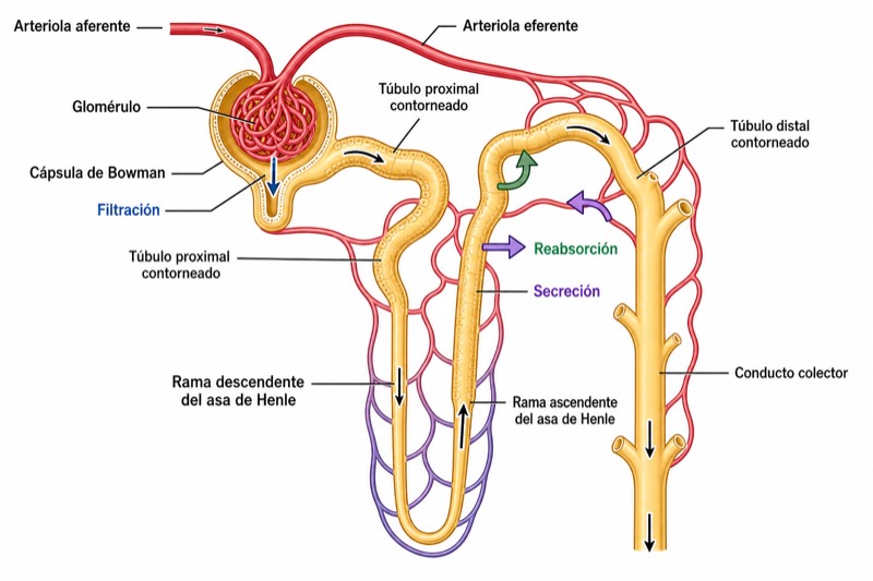 Diagrama de la estructura de una nefrona