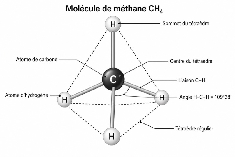 Structure tétraédrique régulière de la molécule de méthane