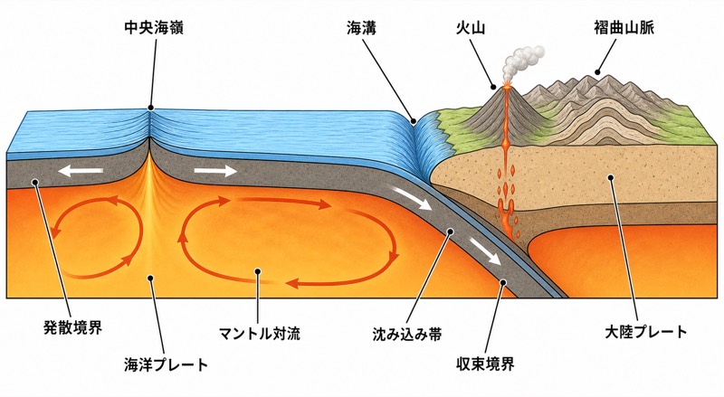 プレートテクトニクスの模式図