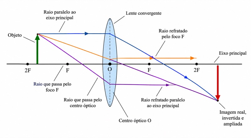 Diagrama dos raios na formação de imagens por uma lente convergente