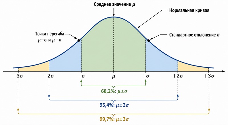 Колоколообразная кривая нормального распределения