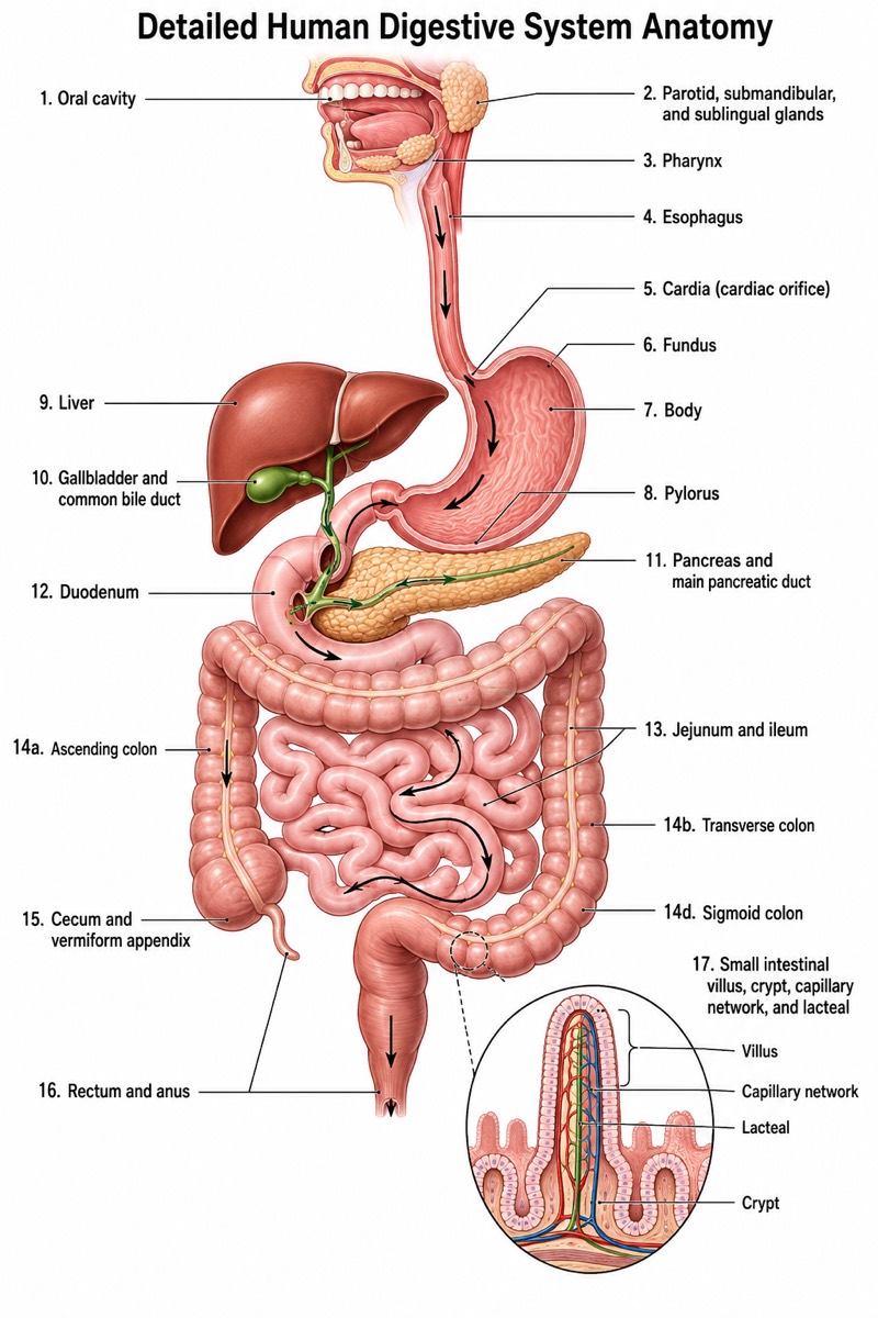 Detailed Digestive System Diagram (University Level)