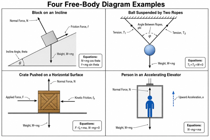 Free Body Diagram Examples (4 Worked Cases)