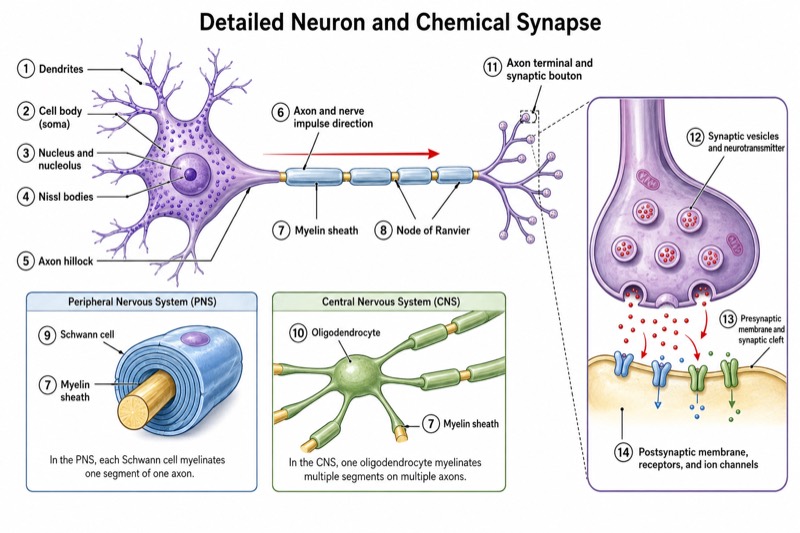 Detailed Neuron Diagram (University Level)