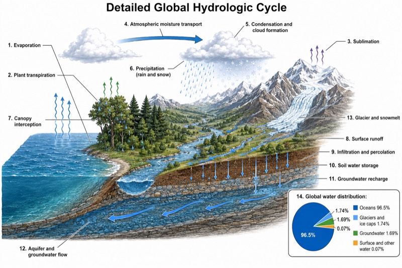 Detailed Water Cycle Diagram (University Level)